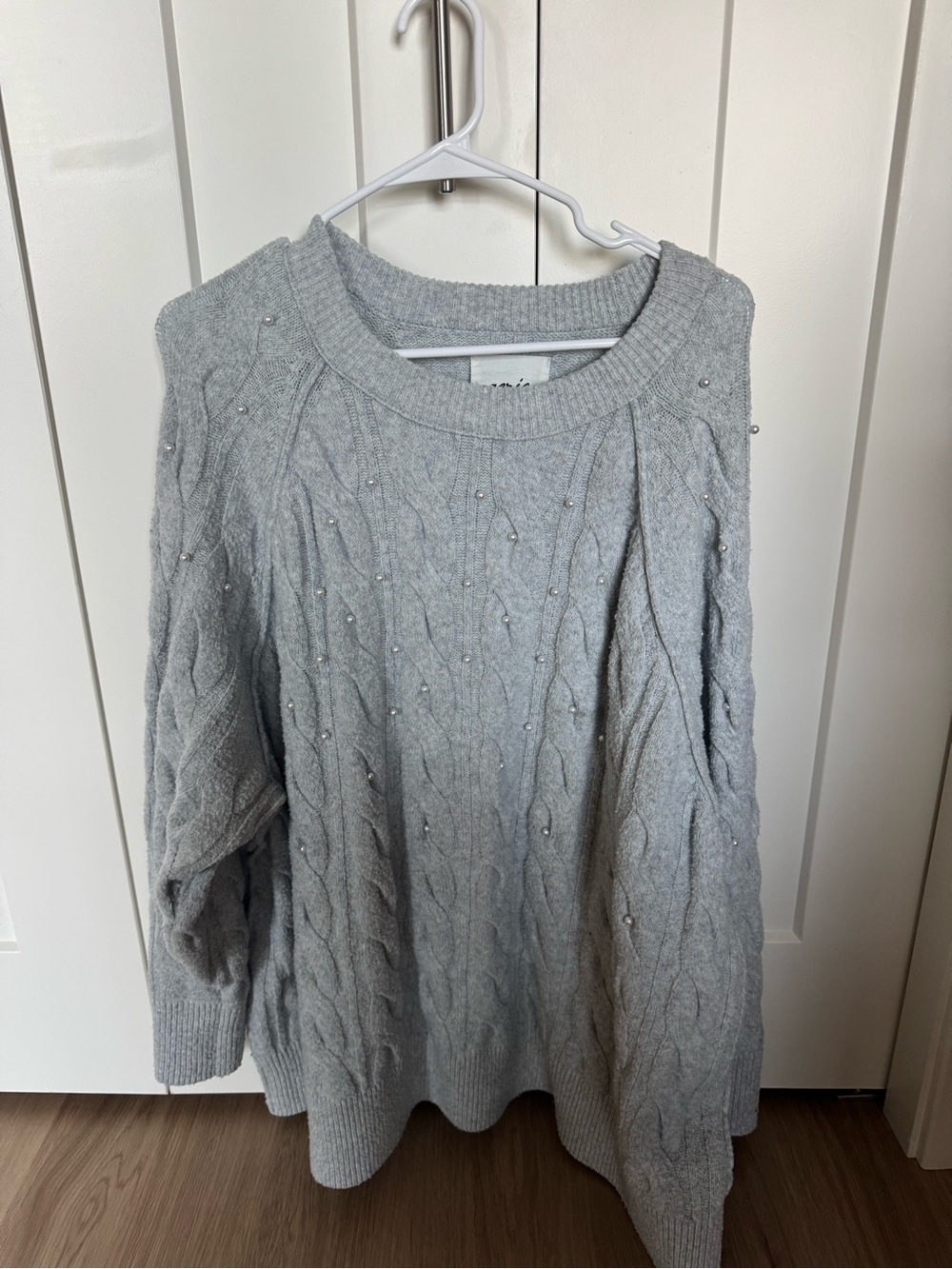 aerie Light Gray Pearl Cable Knit Crew Sweater
